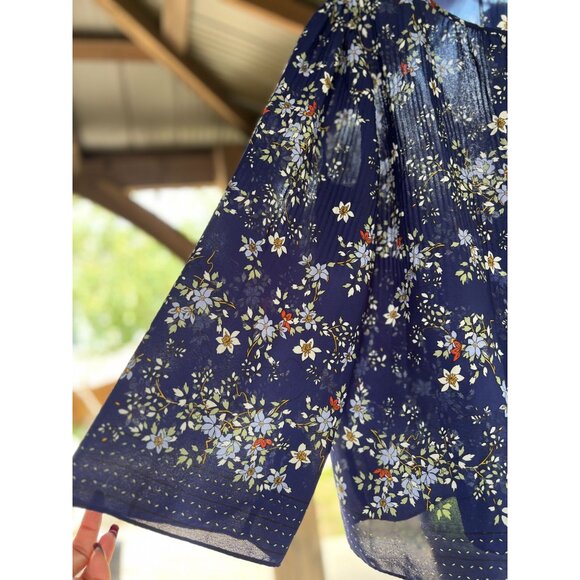 MAX STUDIO XL Navy-Blue Floral Pleated Blouse Long Bell Sleeves Boho Peasant - Picture 6 of 10